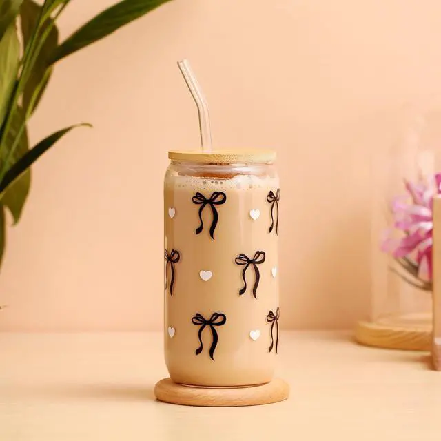 Alt view image 4 of 7 - Coquette Black Bow Aesthetic Cup With Gift Box 16oz Glass Cup with Lids Straws and Black Bow Iced Coffee Smoothie Cute Tumbler with Cleaning Brush for Girls Bestfriend Sister Girlfriend, Preppy Stuff