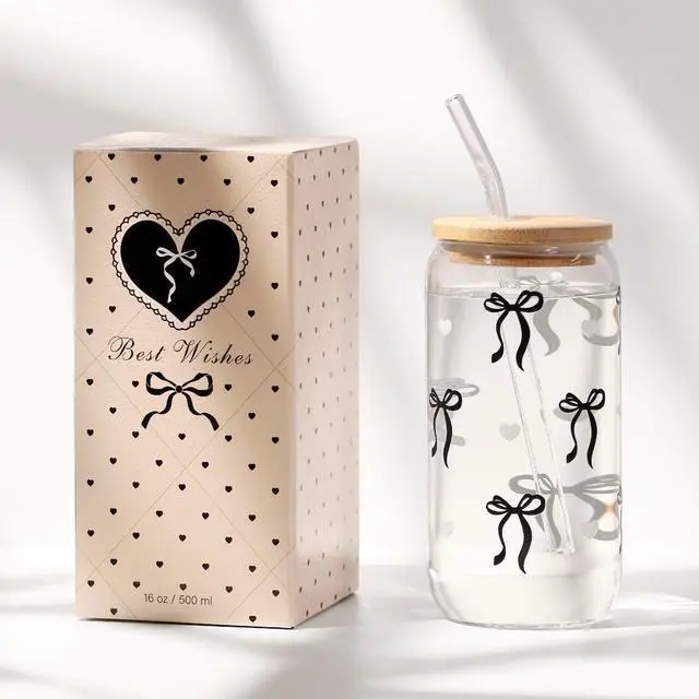Alt view image 6 of 7 - Coquette Black Bow Aesthetic Cup With Gift Box 16oz Glass Cup with Lids Straws and Black Bow Iced Coffee Smoothie Cute Tumbler with Cleaning Brush for Girls Bestfriend Sister Girlfriend, Preppy Stuff