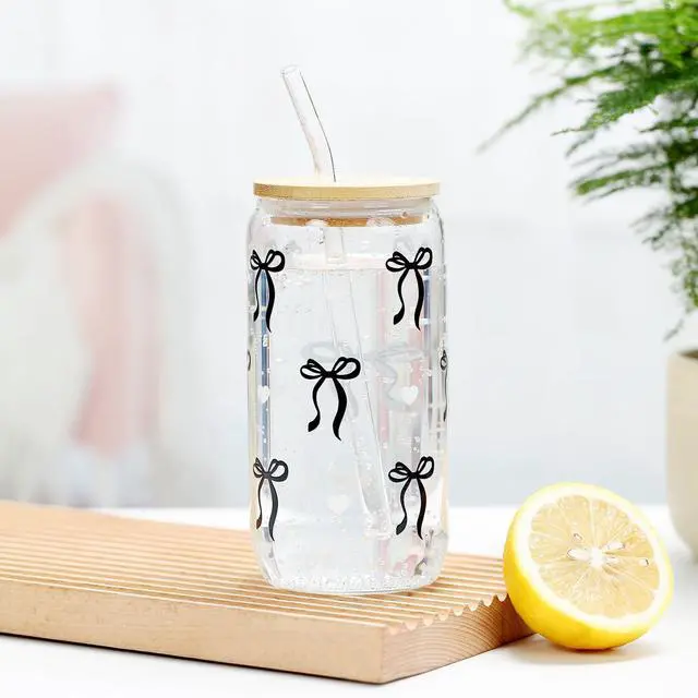 Alt view image 5 of 7 - Coquette Black Bow Aesthetic Cup With Gift Box 16oz Glass Cup with Lids Straws and Black Bow Iced Coffee Smoothie Cute Tumbler with Cleaning Brush for Girls Bestfriend Sister Girlfriend, Preppy Stuff