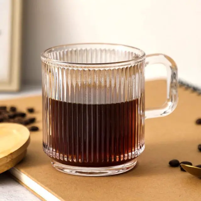 Alt view image 2 of 7 - Clear Glass Coffee Mug with Lid - Premium Classical Vertical Stripes Glass Tea Cup - for |Latte|Tea|Chocolate|Juice|Water| - Unleaded - Bamboo Lid - 12.5 Ounces