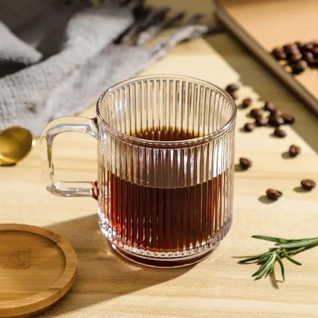 Alt view image 3 of 7 - Clear Glass Coffee Mug with Lid - Premium Classical Vertical Stripes Glass Tea Cup - for |Latte|Tea|Chocolate|Juice|Water| - Unleaded - Bamboo Lid - 12.5 Ounces