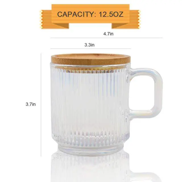 Alt view image 6 of 7 - Clear Glass Coffee Mug with Lid - Premium Classical Vertical Stripes Glass Tea Cup - for |Latte|Tea|Chocolate|Juice|Water| - Unleaded - Bamboo Lid - 12.5 Ounces
