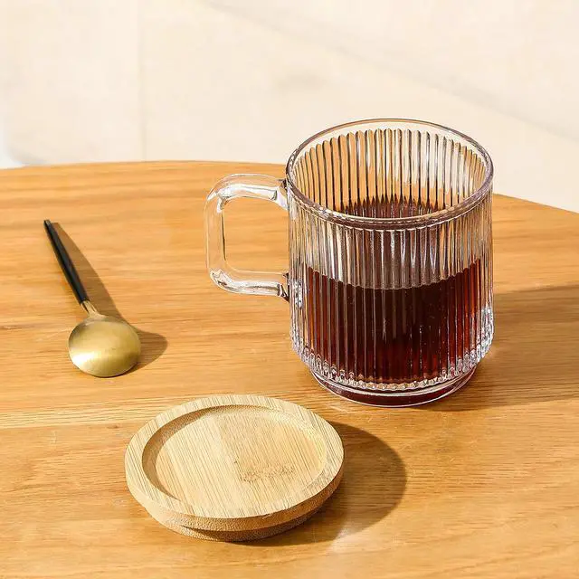 Alt view image 4 of 7 - Clear Glass Coffee Mug with Lid - Premium Classical Vertical Stripes Glass Tea Cup - for |Latte|Tea|Chocolate|Juice|Water| - Unleaded - Bamboo Lid - 12.5 Ounces