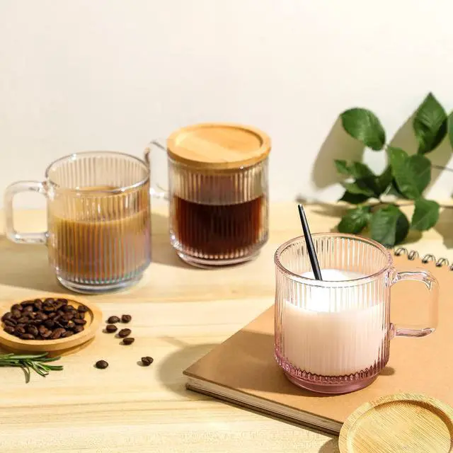 Alt view image 7 of 7 - Clear Glass Coffee Mug with Lid - Premium Classical Vertical Stripes Glass Tea Cup - for |Latte|Tea|Chocolate|Juice|Water| - Unleaded - Bamboo Lid - 12.5 Ounces