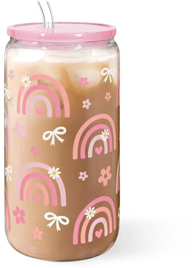 Main image of Rainbow 16oz Can Glass Tumbler with Acrylic Lid & Straw, Iced Coffee Cup for Women Girls, Aesthetic Cups Gifts for Birthday Christmas