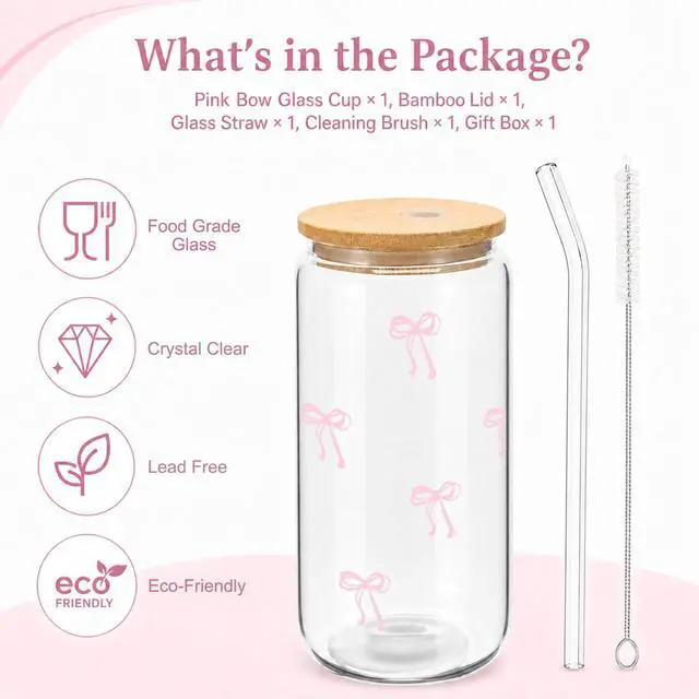 Alt view image 3 of 7 - Coquette Aesthetic Glass Cups with Lids and Straws - Pink Bow Iced Coffee Cup Decor, Cute Tumbler Smoothie with Cleaning Brush&Gift Box, Gifts for Girls Women Friends, 16 oz
