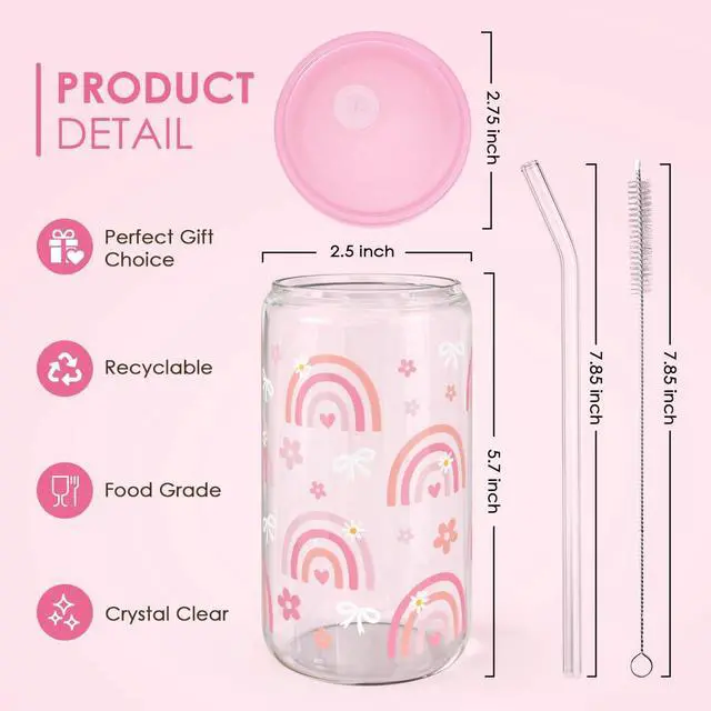 Alt view image 2 of 7 - Rainbow 16oz Can Glass Tumbler with Acrylic Lid & Straw, Iced Coffee Cup for Women Girls, Aesthetic Cups Gifts for Birthday Christmas