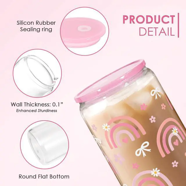 Alt view image 3 of 7 - Rainbow 16oz Can Glass Tumbler with Acrylic Lid & Straw, Iced Coffee Cup for Women Girls, Aesthetic Cups Gifts for Birthday Christmas