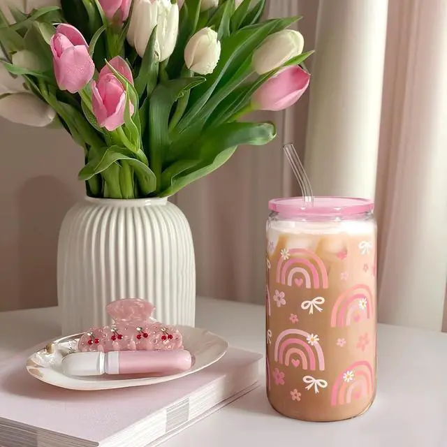 Alt view image 5 of 7 - Rainbow 16oz Can Glass Tumbler with Acrylic Lid & Straw, Iced Coffee Cup for Women Girls, Aesthetic Cups Gifts for Birthday Christmas