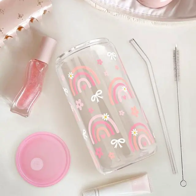 Alt view image 7 of 7 - Rainbow 16oz Can Glass Tumbler with Acrylic Lid & Straw, Iced Coffee Cup for Women Girls, Aesthetic Cups Gifts for Birthday Christmas