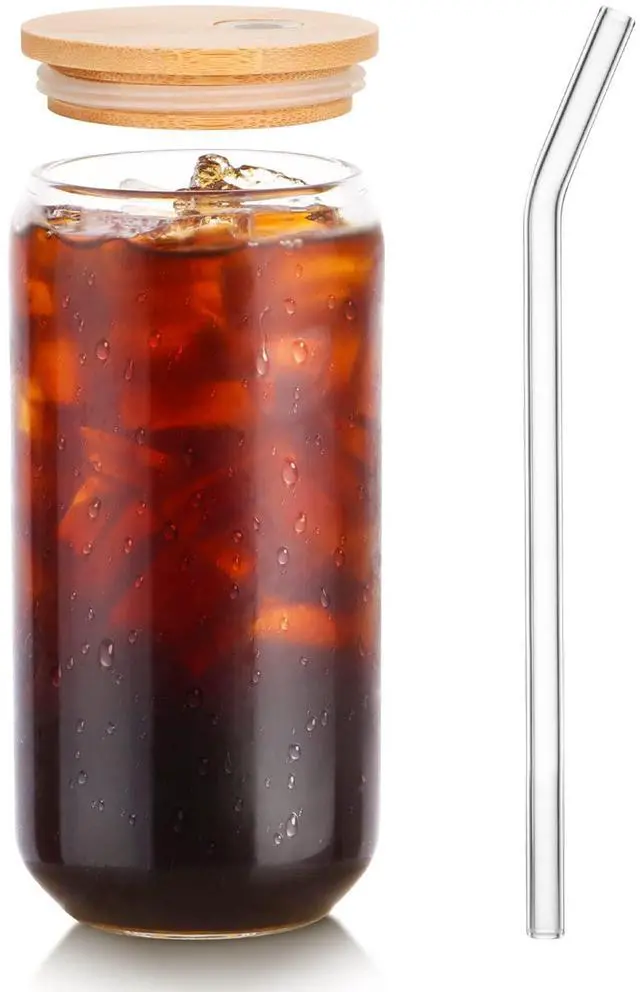 Main image of 1 Pack Glass Cup, 16oz Drinking Glass with Bamboo Lid and Straw, Beer Tumbler for Mojito Soda Smoothies Whiskey Iced Coffee Cocktail Tea Juice