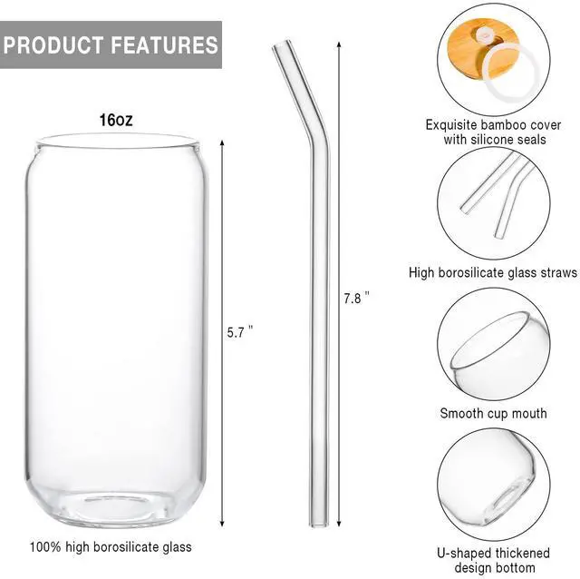 Alt view image 3 of 7 - 1 Pack Glass Cup, 16oz Drinking Glass with Bamboo Lid and Straw, Beer Tumbler for Mojito Soda Smoothies Whiskey Iced Coffee Cocktail Tea Juice