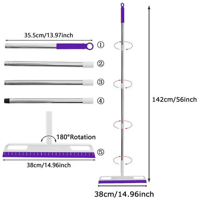 Alt view image 2 of 6 - Rubber Air Broom Multifunction Silicone Floor Squeegee, Air Broom for Floor with 56" Long Handle, 4-in-1 Rubber Sweeper for Dirt, Liquids, Pet Hair, Tile Hardwood Floors, Carpet, Living Room (Purple)