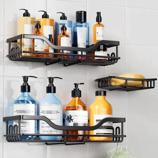 Main image of 3-Pack Shower Caddy with Soap Holder, Adhesive Rustproof No-drill Strudy Loading Inside Shower Organizer Shelves Rack Storage Bathroom Organization for Smooth Wall Glass Tile, Black (Large)