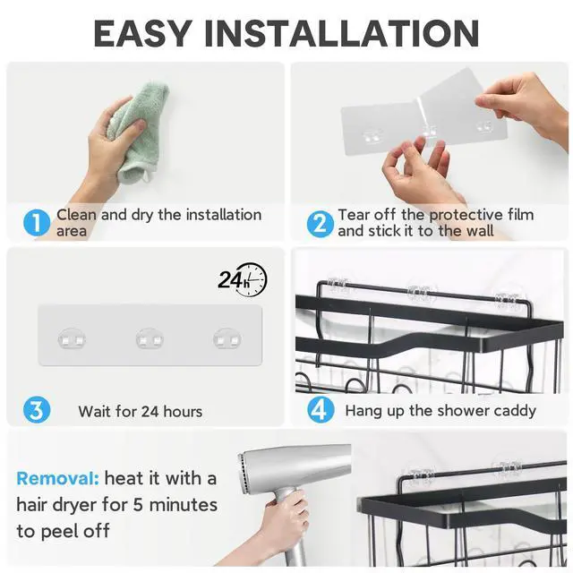 Alt view image 5 of 7 - 14 Pack Shower Caddy Adhesive Replacement, Strong Adhesive Hooks, Waterproof Shower Adhesive Strips, No Drilling, for Bathroom Storage Shelves and Kitchen Racks