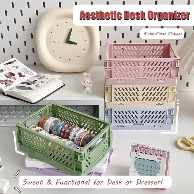 Alt view image 3 of 7 - Mini Pastel Plastic Storage Bins 2Pcs Foldable Pastel Crates Plastic Basket Colorful Storage Containers Baskets for Classroom Kitchen Office Bedroom Desktop Home Decor (Green 5.8" x 3.8" x 2.2")