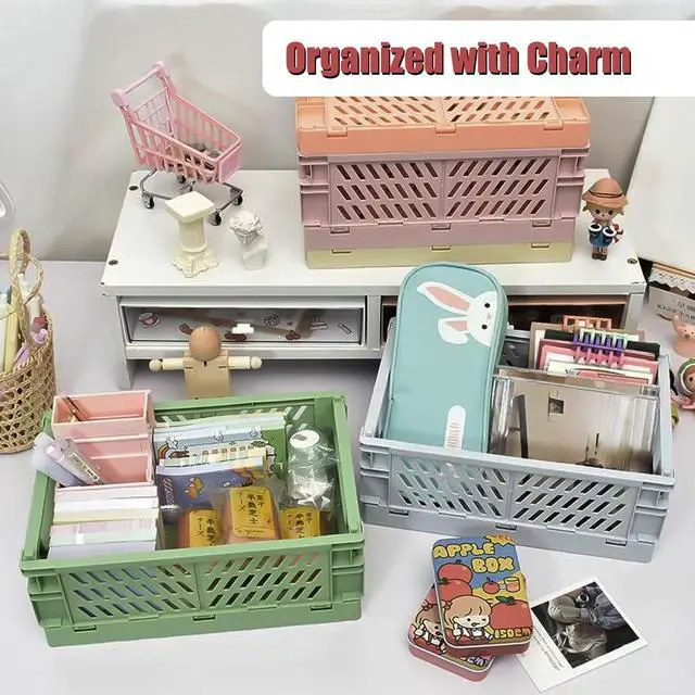 Alt view image 6 of 7 - Mini Pastel Plastic Storage Bins 2Pcs Foldable Pastel Crates Plastic Basket Colorful Storage Containers Baskets for Classroom Kitchen Office Bedroom Desktop Home Decor (Green 5.8" x 3.8" x 2.2")