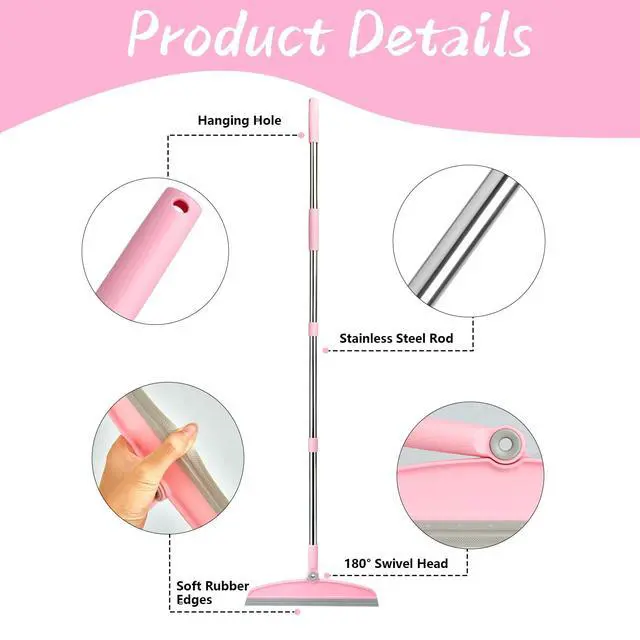 Alt view image 3 of 7 - Multifunction Silicone Broom, 54 Inch Adjustable Long Handle Rubber Broom Sweeper for Floor Bathroom Kitchen Shower Pet Hair Glass(Gray Pink)