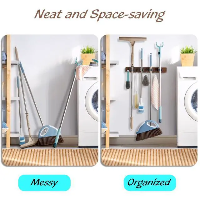Alt view image 3 of 7 - Mop and Broom Holder Wall Mount - Wood Broom Mop Hanger - Wall Mounted Garden Tool Rack Organizer for Closet Garage Laundry Room, Rustic Kitchen Decor With 4 Slots & 4 Hooks
