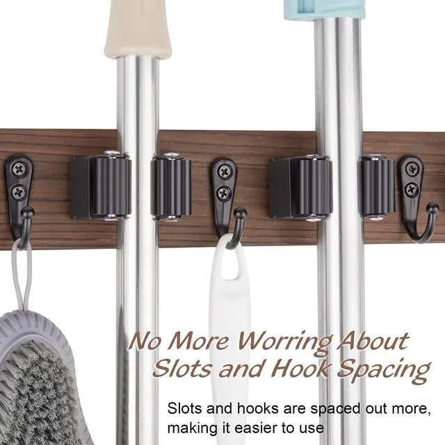 Alt view image 4 of 7 - Mop and Broom Holder Wall Mount - Wood Broom Mop Hanger - Wall Mounted Garden Tool Rack Organizer for Closet Garage Laundry Room, Rustic Kitchen Decor With 4 Slots & 4 Hooks