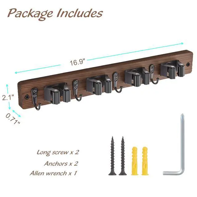 Alt view image 6 of 7 - Mop and Broom Holder Wall Mount - Wood Broom Mop Hanger - Wall Mounted Garden Tool Rack Organizer for Closet Garage Laundry Room, Rustic Kitchen Decor With 4 Slots & 4 Hooks