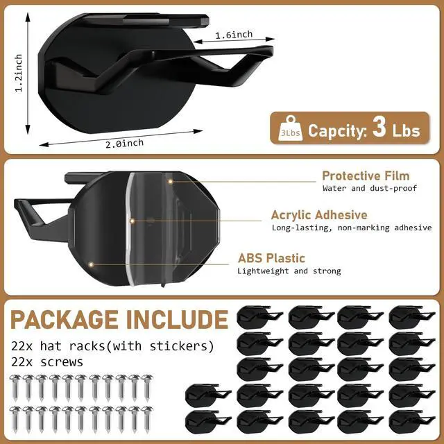 Alt view image 4 of 7 - 22 Pack Adhesive Hat Hooks for Wall, Super Strong Hat Rack for Baseball Caps, Hat Organizer Display for Home Decor, Hat Hangers Holder for Wall, Door, Closet, No Drilling (Black)
