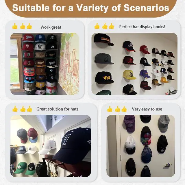 Alt view image 6 of 7 - 22 Pack Adhesive Hat Hooks for Wall, Super Strong Hat Rack for Baseball Caps, Hat Organizer Display for Home Decor, Hat Hangers Holder for Wall, Door, Closet, No Drilling (Black)