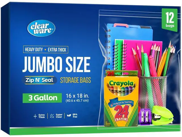 Main image of 12 Large Storage Bags With Zipper Top - 3 Gallon Size, 16" x 18", Extra Large Plastic for Clothes, Travel, Moving, Large Reusable freezer bags, BPA-Free, 2-mil Thick