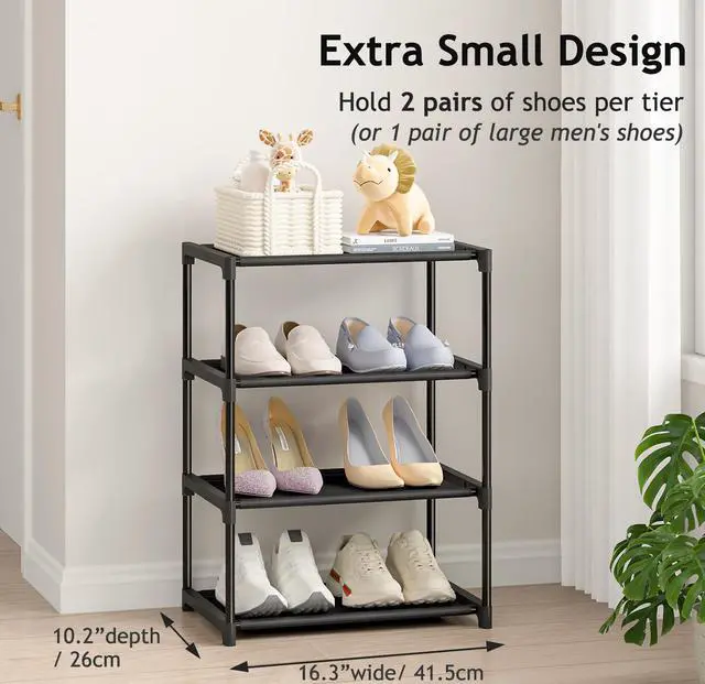 Alt view image 4 of 7 - 4 Tier Extra Small Shoe Rack (16.3" Wide), Narrow Stackable Kids Toddler Adult Shoe Storage Organizer Shelf for Closet Floor Entryway Bedroom, Space Saver Shoe Rack Organization Shelves