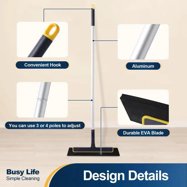 Alt view image 2 of 7 - Floor Squeegee Broom EVA Foam Blade Aluminum Pole for Shower Bathroom Kitchen Home Tile Pet Hair Fur Floor Marble Glass Window Water Foam Cleaning Long Adjustable Removable Handle Anti Static