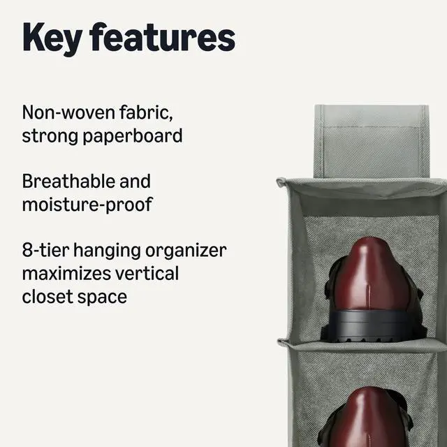 Alt view image 2 of 5 - 8-Tier Hanging Closet Shelf Shoe Organizer, Space Saving Storage, Foldable, 11.5 x 41 x 5.5 in, Dark Grey
