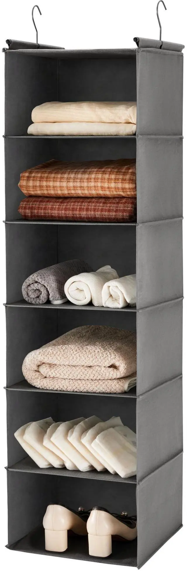 Main image of 6 Tier Shelf Hanging Closet Organizer, Closet Hanging Shelf with 2 Sturdy Hooks for Storage, Foldable (Grey)