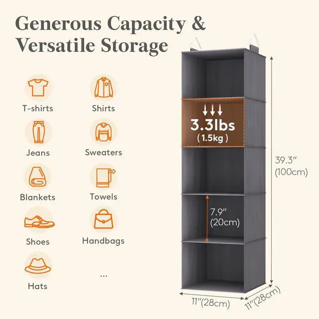 Alt view image 2 of 7 - 5 Tier Hanging Closet Organizer and Storage for Shelves, Foldable Clothes Shelf with 2 Sturdy Hooks, Sweater/Coat/Shoes Clothing Organization for Wardrobe, Dorm, Bedroom, Gray