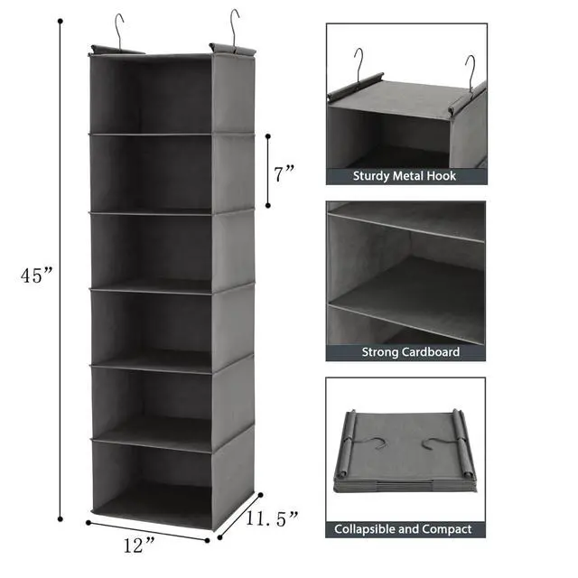 Alt view image 3 of 7 - 6 Tier Shelf Hanging Closet Organizer, Closet Hanging Shelf with 2 Sturdy Hooks for Storage, Foldable (Grey)