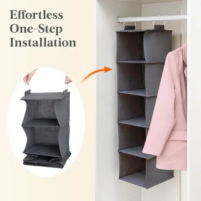 Alt view image 5 of 7 - 5 Tier Hanging Closet Organizer and Storage for Shelves, Foldable Clothes Shelf with 2 Sturdy Hooks, Sweater/Coat/Shoes Clothing Organization for Wardrobe, Dorm, Bedroom, Gray