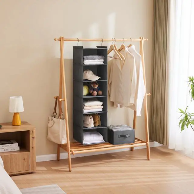 Alt view image 5 of 7 - 6 Tier Shelf Hanging Closet Organizer, Closet Hanging Shelf with 2 Sturdy Hooks for Storage, Foldable (Grey)