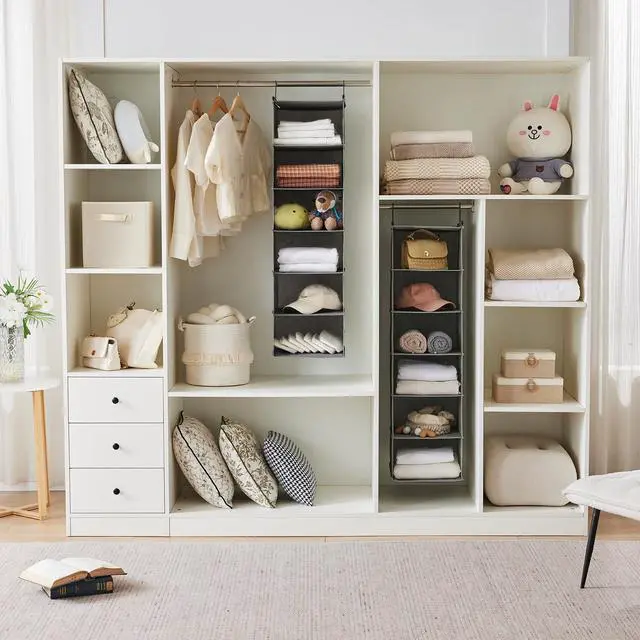 Alt view image 4 of 7 - 6 Tier Shelf Hanging Closet Organizer, Closet Hanging Shelf with 2 Sturdy Hooks for Storage, Foldable (Grey)