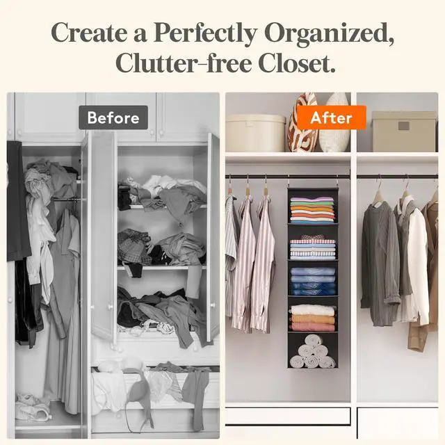 Alt view image 6 of 7 - 5 Tier Hanging Closet Organizer and Storage for Shelves, Foldable Clothes Shelf with 2 Sturdy Hooks, Sweater/Coat/Shoes Clothing Organization for Wardrobe, Dorm, Bedroom, Gray
