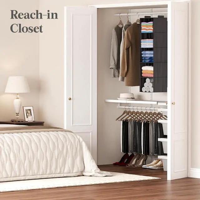 Alt view image 7 of 7 - 5 Tier Hanging Closet Organizer and Storage for Shelves, Foldable Clothes Shelf with 2 Sturdy Hooks, Sweater/Coat/Shoes Clothing Organization for Wardrobe, Dorm, Bedroom, Gray