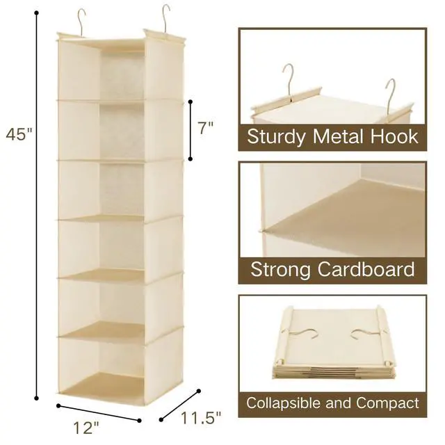 Alt view image 2 of 7 - 6 Tier Shelf Hanging Closet Organizer, Cloth Hanging Shelf with 2 Sturdy Hooks for Storage, Foldable (Beige)