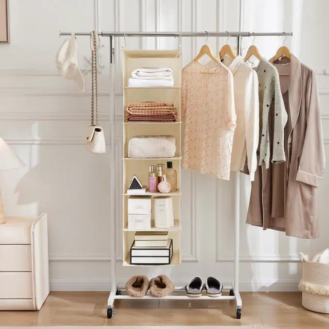 Alt view image 4 of 7 - 6 Tier Shelf Hanging Closet Organizer, Cloth Hanging Shelf with 2 Sturdy Hooks for Storage, Foldable (Beige)