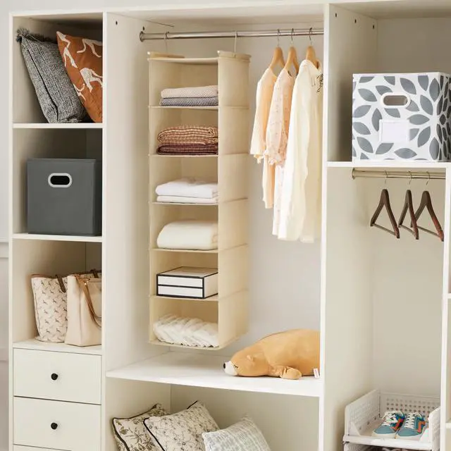 Alt view image 5 of 7 - 6 Tier Shelf Hanging Closet Organizer, Cloth Hanging Shelf with 2 Sturdy Hooks for Storage, Foldable (Beige)