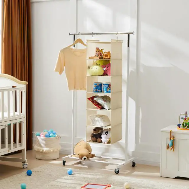 Alt view image 6 of 7 - 6 Tier Shelf Hanging Closet Organizer, Cloth Hanging Shelf with 2 Sturdy Hooks for Storage, Foldable (Beige)