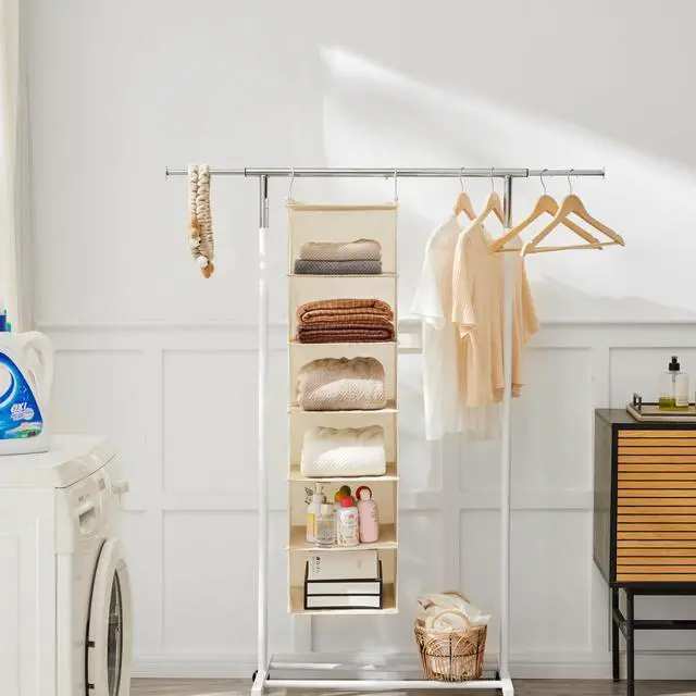 Alt view image 7 of 7 - 6 Tier Shelf Hanging Closet Organizer, Cloth Hanging Shelf with 2 Sturdy Hooks for Storage, Foldable (Beige)