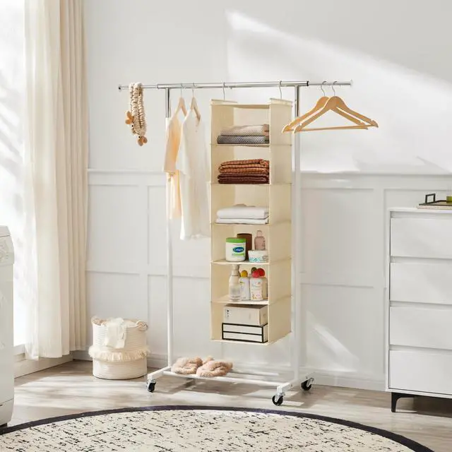 Alt view image 3 of 7 - 6 Tier Shelf Hanging Closet Organizer, Cloth Hanging Shelf with 2 Sturdy Hooks for Storage, Foldable (Beige)
