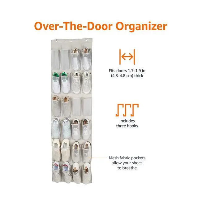Alt view image 2 of 6 - 24 Medium Mesh Pocket Over-the-Door Hanging Shoe Organizer, Space Saving Shoe Storage, Light Grey