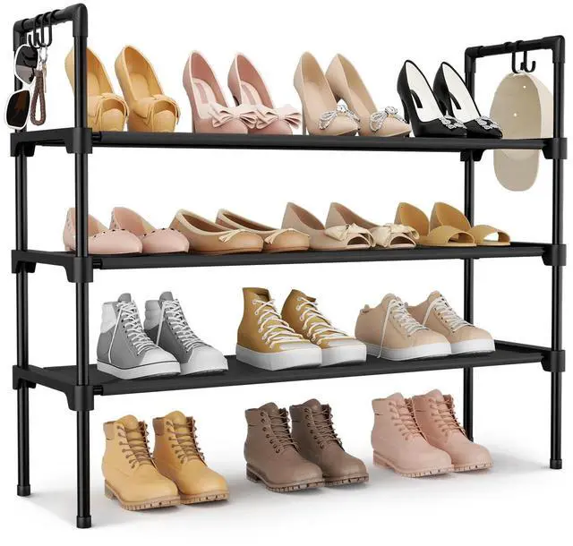 Main image of 3 Tier Shoe Rack for Closet, Shoe Organizer with 5 Hooks, Long Shoe Shelf Storage for Sneaker and Boot Stackable Free Standing Shoe Rack for Entryway, Garage, Small Spaces, Dorm