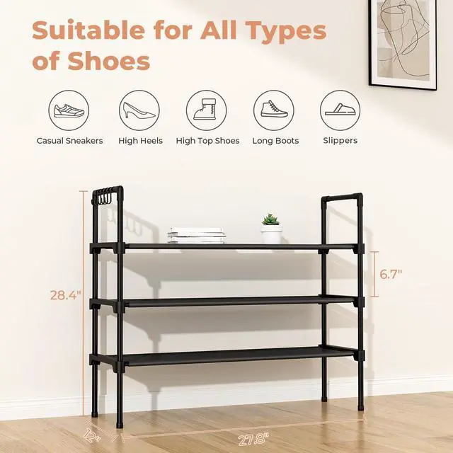 Alt view image 3 of 7 - 3 Tier Shoe Rack for Closet, Shoe Organizer with 5 Hooks, Long Shoe Shelf Storage for Sneaker and Boot Stackable Free Standing Shoe Rack for Entryway, Garage, Small Spaces, Dorm