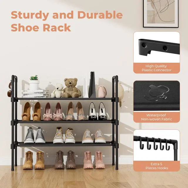 Alt view image 4 of 7 - 3 Tier Shoe Rack for Closet, Shoe Organizer with 5 Hooks, Long Shoe Shelf Storage for Sneaker and Boot Stackable Free Standing Shoe Rack for Entryway, Garage, Small Spaces, Dorm