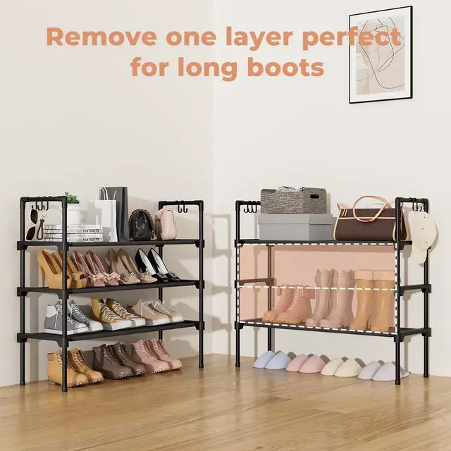 Alt view image 6 of 7 - 3 Tier Shoe Rack for Closet, Shoe Organizer with 5 Hooks, Long Shoe Shelf Storage for Sneaker and Boot Stackable Free Standing Shoe Rack for Entryway, Garage, Small Spaces, Dorm